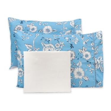Imagem de Lençol Super King 3 Pçs Estampado Flex Ponto Palito 400 Fios (Flores Azul Branco)