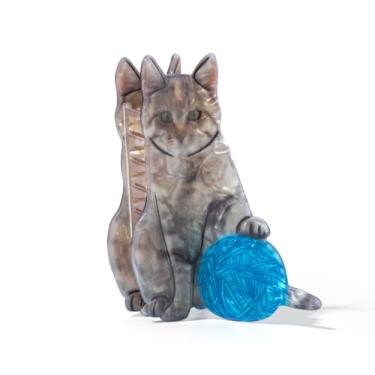 Imagem de PERSONFUN Gato brincando com grampo de cabelo de fio, design de gato cinza e bola de fio azul, mola de metal com aderência de dente de tubarão, garra de cabelo antiderrapante fofa para mulheres e