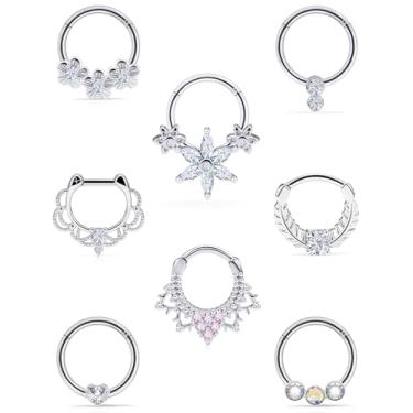 Imagem de Oicctyzio Anéis de nariz de septo Daith Brincos 16g Clicker Piercing Joias Hipoalergênicas Multicoloridas Aço Cirúrgico para Mulheres e Homens, Metal, Zircônia cúbica