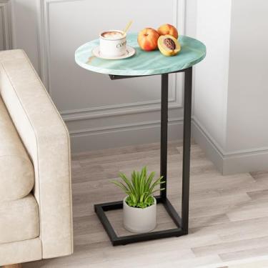 Imagem de Katrawu Mesa lateral em forma de C, pequena mesa oval de sofá para cama, mesa lateral de lanche com moldura de metal, bandeja de TV com mármore branco para espaços pequenos, sala de estar, quarto