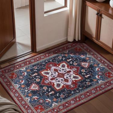 Imagem de Tangsoo Tapete vermelho vintage pequeno lavável 2x3 para entrada, tapete oriental antiderrapante para porta da frente, cozinha, interior, tapete de área pequena, tapete de porta para entrada, tapete