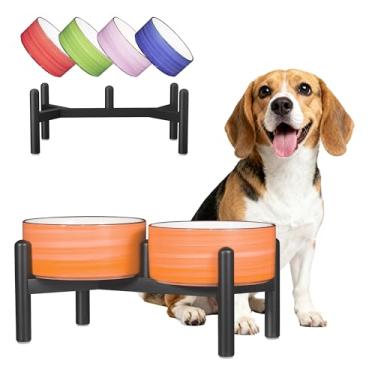 Imagem de Conjunto de tigela elevada de cerâmica para cães - Estação de alimentação para cães com tigelas duplas coloridas para raças pequenas e médias - Prato elevado antiderrapante para alimentação com água e