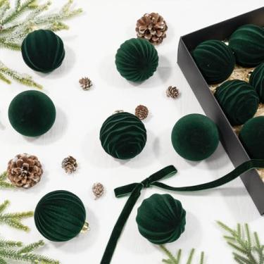 Imagem de Hismir Conjunto de 12 peças de enfeites de árvore de Natal de veludo, bolas de Natal flocadas de plástico inquebráveis para pendurar em guirlanda de árvore (verde escuro, 8 cm)