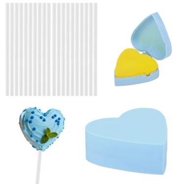 Imagem de Forma de Cake Pop com 20 Palitos, Plástico Azul 3D para Casamentos Aniversários Cupcakes Sobremesas Sorvetes Doces Formas de Chocolate para Confeitaria Caseira (Formato Coração)