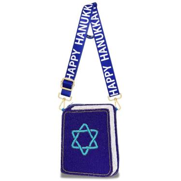Imagem de CEALXHENY Bolsa feminina Hanukkah com contas estrela de David Menorah Dreidel bolsa de ombro transversal Hanukkah acessórios roupas presentes, Azul, branco, Estilo D