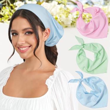 Imagem de Cachecol de cabeça para mulheres e meninas - 3 peças de lenços de cabelo chiffon bandana triangular, rosa + azul + verde