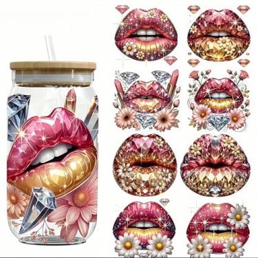 Imagem de 4 peças Diasy Sexy Crystal Lips Flower UV DTF Cup Wraps Transfer Adesivo Impermeável para Copos de Vidro, Mobiliário, Artesanato DIY, Adesivos de Transferência para DIY Garrafa de Água Laptop Decalque