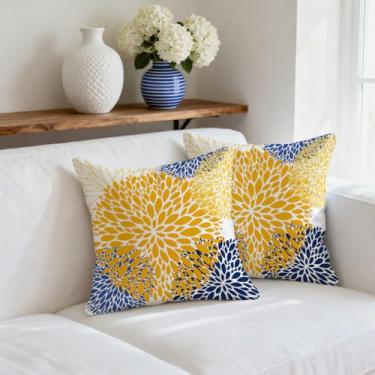 Imagem de Conjunto de 2 capas de almofada de flores azuis amarelas para uso externo, impermeável, branca, colorida, decorativa, capa de almofada de poliéster para sofá, pátio, funiture, jardim, varanda, 45,7 x