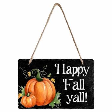 Imagem de EwdeWwo Placa para pendurar na parede Welcome Happy Fall Y'all Pumpkins Placas para pendurar em ardósia preta para porta da frente, varanda, janela, quinta, jardim, parede, decoração de casa 19 x 12
