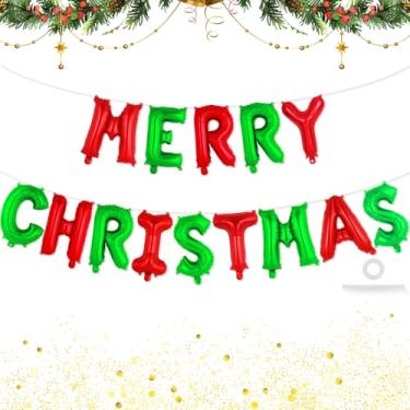 Imagem de Bandeira vermelha e verde com balões de letras de Feliz Natal, balão de Natal para decorações de festa de Natal (vermelho e verde)