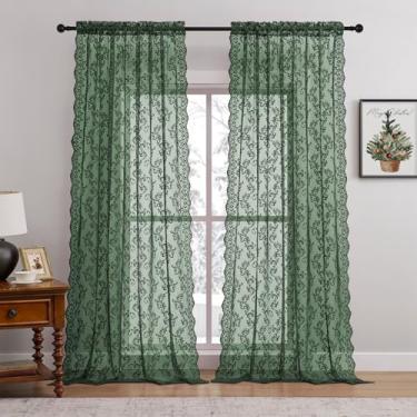 Imagem de Cortinas de renda verde escuro 2 painéis de 2 painéis para sala de estar quarto país vintage cortinas de renda transparente com bolso para varão filtragem de luz romântica janela vitoriana decoração