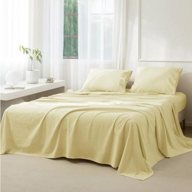 Imagem de JIYUAN Jogo de cama solteiro 100% algodão lavado, 1 lençol com elástico, 1 lençol de cima e 1 fronha, confortável e respirável, amarelo claro