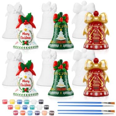 Imagem de Thyle Conjunto de 6 sinos de Natal de cerâmica para pintar 3D, kit de artesanato de 12 cm, sem pintura, pinte sua própria lembrança de gesso com pintura, presente faça você mesmo para decoração de