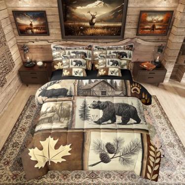 Imagem de Erosebridal Jogo de cama com ursos de caça e veado (tamanho casal, 7 peças) | Conjunto de edredom rústico com lençóis, cama xadrez de patchwork rural, urso, bordo rural, com estampa de pata