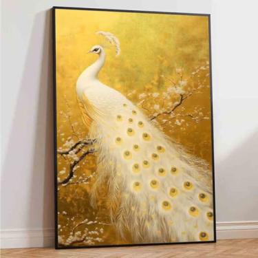 Imagem de Mostemauo Arte de parede de pavão branco floral dourado tela elegante 40,6 x 61 cm sem moldura