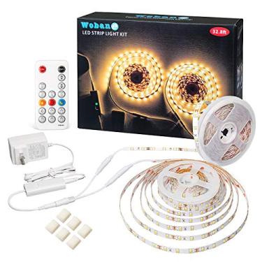 Imagem de Luzes de tira de LED 10 m branco quente, WOBANE kit de tira de luz regulável com controle remoto e fonte de alimentação listada, luz de fita brilhante de 600 LEDs para quarto, cozinha, cama, embaixo do armário, guarda-roupa, 3000K