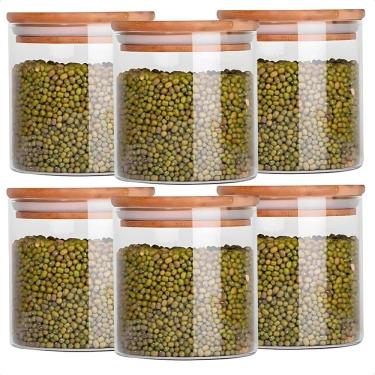 Imagem de 6 Potes de Vidro com Tampa de Bambu Oikos 500ML Hermético Redondo