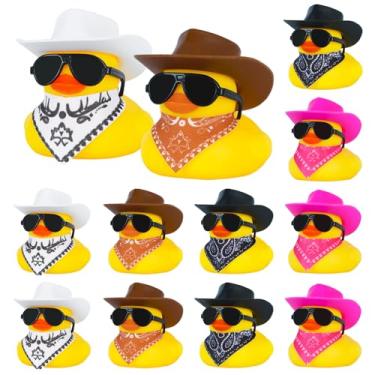 Imagem de FINEED 12 peças de patos de borracha cowboy para decoração de carros - DIY com 12 peças de chapéus, 12 peças bandanas (rosa/branco/marrom/preto), 12 peças de óculos de sol para festas na piscina