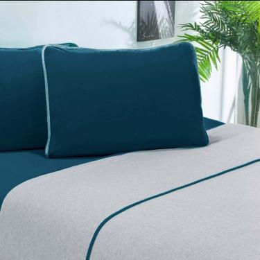 Imagem de Jogo De Cama Malha Lençol 100% Algodão Urbano 4 Peças Casal - Azul Petroleo/Mescla