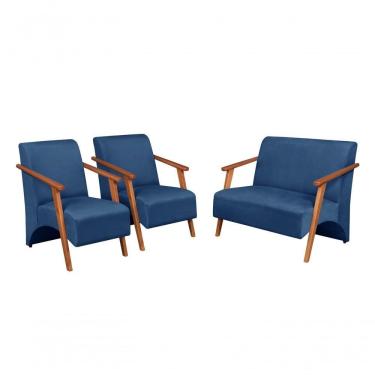 Imagem de Conjunto Venus Braços Em Madeira Maciça 1 Namoradeira 2 Poltronas Suede Unidecor Azul Bic
