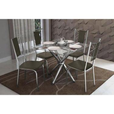 Imagem de Kit Mesa Volga C- Tampo Vidro 90cm + 4 Cadeiras Lisboa Cromado Courano Marrom