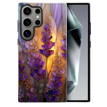Imagem de heindiy Compatível com Samsung Galaxy S23 Ultra, capa brilhante, proteção total, à prova de choque, anti-arranhões, capa de TPU, capas para homem, mulher, vitral, lavanda em flor