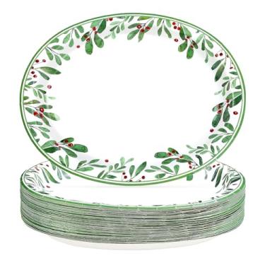 Imagem de Greencian 50 peças de pratos ovais de Natal de 25,4 cm × 30,5 cm grandes pratos de baga de visco de Natal descartáveis com folhas de azevinho para Natal, inverno, férias, jantares, decorações de festa