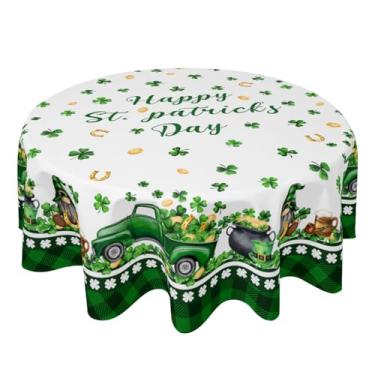 Imagem de Sweetshow Toalha de mesa Happy St. Patrick's Day Gnomos redonda caminhões trevo chapéu verde moeda búfalo xadrez 152 cm decoração lavável manchas e rugas primavera toalha de mesa redonda para jantar