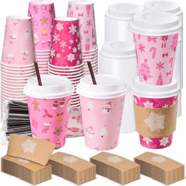 Imagem de Lallisa 100 conjuntos de copos de papel de café descartáveis de Natal rosa a granel com tampas, mangas e canudos, 350 ml, boneco de neve de Natal, floco de neve, xícaras de café para chá de cacau