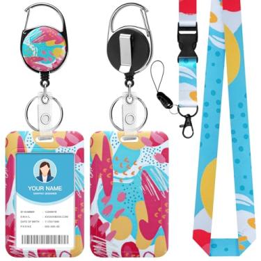 Imagem de Soleebee Porta-crachá de identificação com cordão, emblemas de identificação de pintura abstrata fofos e cordão destacável, chaveiro retrátil, carretel de crachá resistente para enfermeiras