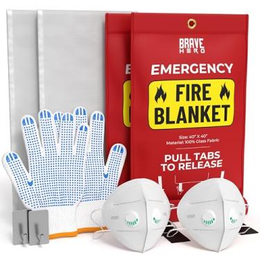 Imagem de Brave Hero Kit de segurança contra incêndio | Cobertor de fogo de cozinha com luvas e máscaras KN95 | Cobertores de fogo de fibra de vidro de emergência para casa | Cobertor de incêndio de emergência