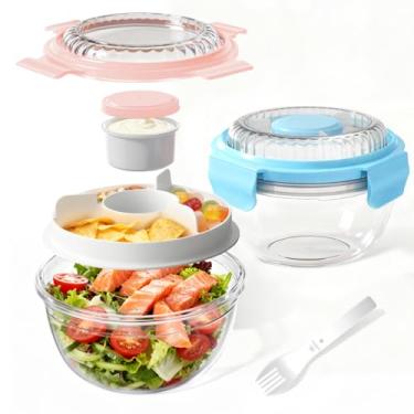 Imagem de WHALEHOUSE Pacote com 2 recipientes de salada ECOZEN transparentes e ecológicos SK chemicals ECOZEN, tigelas de salada de plástico portáteis com tampa, recipiente de molho à prova de vazamento