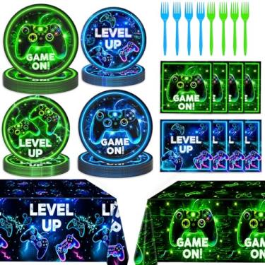 Imagem de Decorações de aniversário de videogame – Utensílios de mesa Neon Level Up Game Inclui pratos, guardanapos, copos, garfos, toalhas de mesa para festa de aniversário de jogadores, serve 24