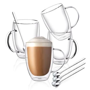 Imagem de FULGNU Canecas de café de vidro de parede dupla, canecas de café de vidro com alça, conjunto de 4 canecas de café transparentes isoladas, perfeitas para expresso, cappuccino, latte, americano,