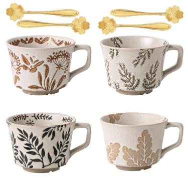 Imagem de JIGVOE Conjunto de 4 canecas de café de cerâmica de 350 ml, xícaras de chá de grés com colher de flores, canecas fofas para mulheres e homens, adequadas para café com leite quente e expresso, lavável