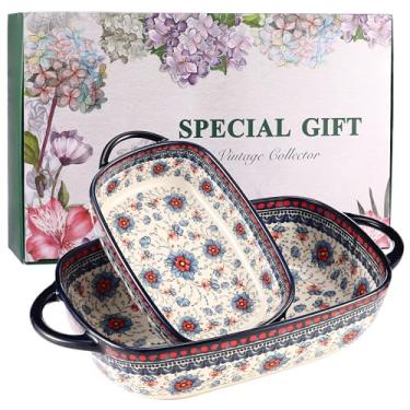 Imagem de Conjunto de 2 assadeiras de cerâmica – Caçarola decorativa estilo cerâmica polonesa com alças, lindo conjunto de utensílios de assadeira de lasanha seguro para forno (renda azul)