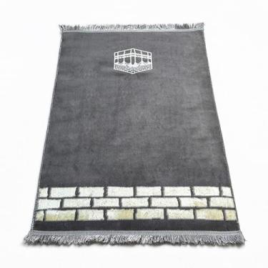 Imagem de Tapete de oração muçulmano para homens e mulheres Tapete portátil Janamaz Sajadah para Salah Tapete de viagem islâmico Eid, Hajj, Umrah Gift (cinza, Kabah)