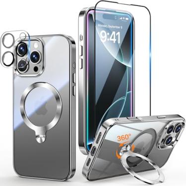Imagem de [Proteção Tri-Shield] para iPhone 16 Pro Max com suporte giratório de 360° compatível com MagSafe [anel magnético de CD] [protetor de tela e câmera] Revestimento à prova de choque nunca amarela