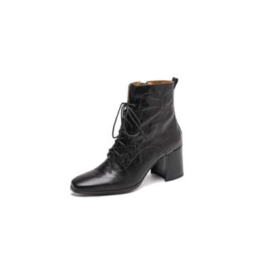 Imagem de TinaCus Botas femininas de couro legítimo feitas à mão, salto grosso, zíper lateral, bico quadrado, cano curto, Preto, 36