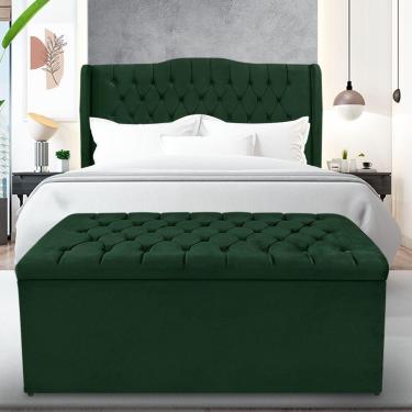 Imagem de Kit Cabeceira E Calçadeira Baú Dubai Casal 140 Cm - Veludo Verde