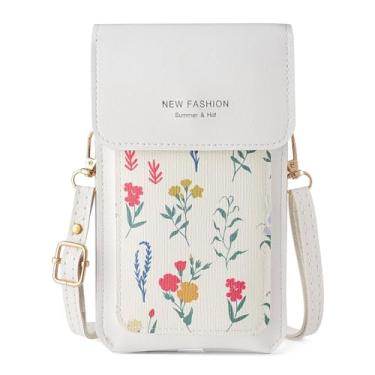 Imagem de Bolsa tiracolo pequena para mulheres, mini bolsas de couro com flor e alça transversal, carteira de viagem, tela sensível ao toque, Branco, Medium