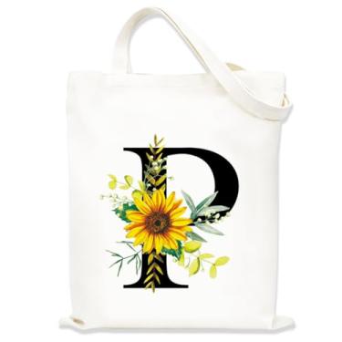 Imagem de Sacolas de lona estampadas para mulheres, sacolas de compras de lona, sacola de compras reutilizável para viagens, compras, trabalho, academia - Letra P