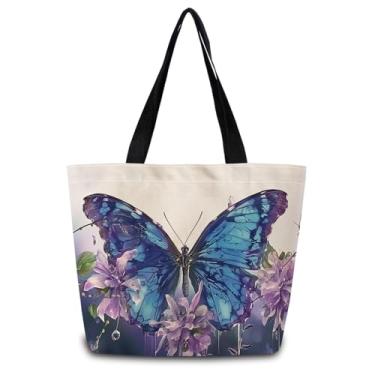 Imagem de ZhuVantrix Sacola de borboleta azul reutilizável, bolsa de ombro de compras estética fofa com bolso interno com zíper, leve e lavável, elegante borboleta azul, presente para mulheres