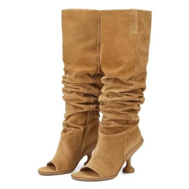 Imagem de ZJGZF Botas de cano alto de couro pretas para mulheres aberta peep toe gatinho salto longo bico redondo bota moderna plataforma larga, Camelo de camurça, 36