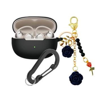 Imagem de Capa para SHOKZ OpenDots ONE Capa com chaveiro de flor, linda capa protetora de silicone macio para fones de ouvido abertos OpenDots ONE E310 com mosquetão para mulheres e meninas (preto)