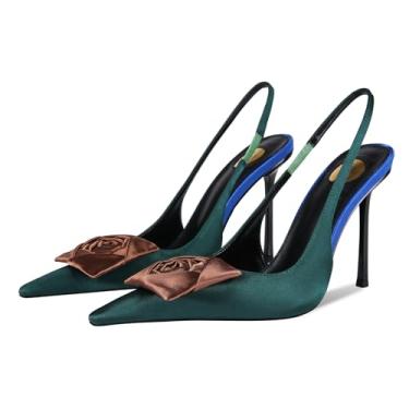 Imagem de CAGLGLZ Salto alto floral para mulheres, bico fino, fechado, salto stilettos, sem cadarço, tira elástica no tornozelo, slingback, moda, festa, elegante, sandálias femininas, Verde, 40
