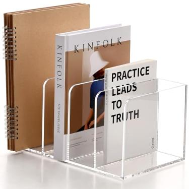 Imagem de YUXUN Organizador de arquivos de mesa de acrílico – Rack vertical de 4 seções, classificador de mesa transparente para casa/escritório/sala de aula, comporta revistas, fichários, cadernos, envelopes e