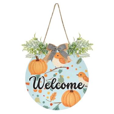 Imagem de SEHANY Guirlandas de outono para decoração de porta da frente, letreiro de boas-vindas de abóboras de madeira rústica para pendurar no dia de Ação de Graças para decoração de festas ao ar livre