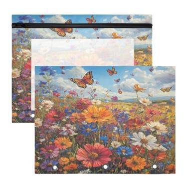 Imagem de Blueangle Bolsa colorida para lápis de prado de flores silvestres para fichário de 3 anéis, 2 pacotes com bolsa de lápis com janela transparente para documentos com zíper para escritório (415)