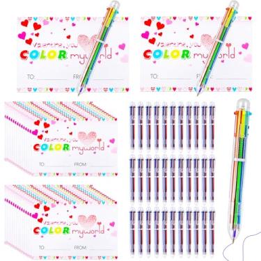 Imagem de Spaluck Conjunto de 36 canetas esferográficas e cartões de presente, incluindo 36 canetas multicoloridas, retráteis, 36 cartões comemorativos e pontos adesivos de dupla face, para escola, sala de aula